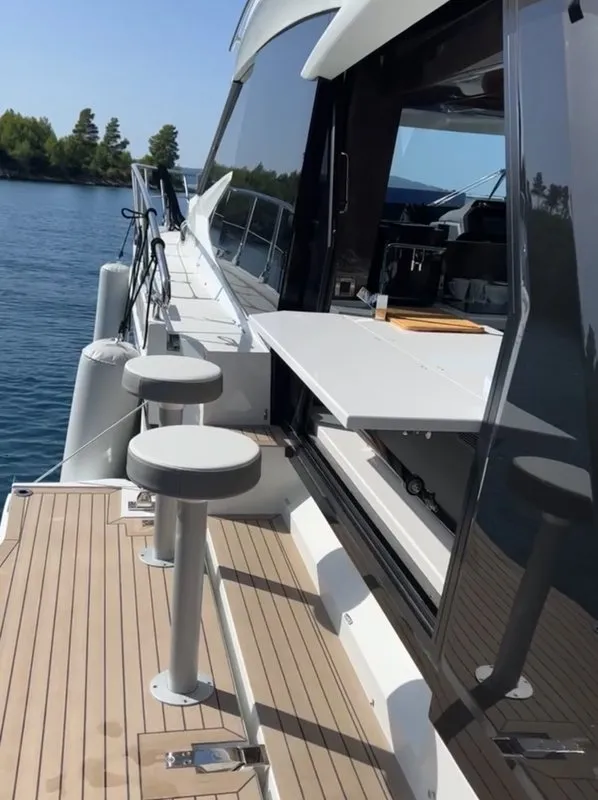 Deck of Champ Atlantis, a Galeon 500 Fly motor yacht at Grad Kaštela, Croatia
