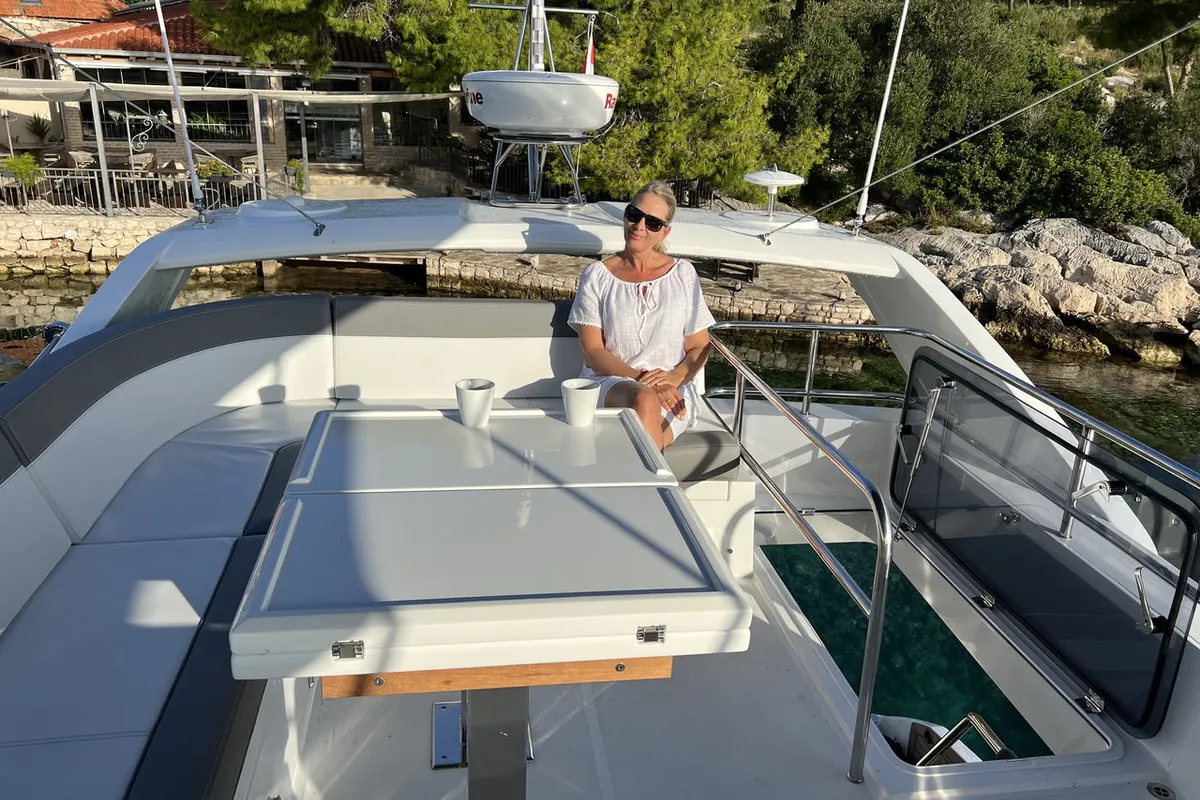 Deck of Champ Atlantis, a Galeon 500 Fly motor yacht at Grad Kaštela, Croatia