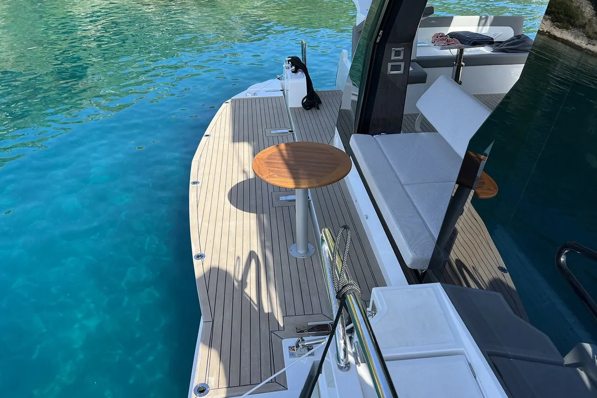 Deck of Champ Atlantis, a Galeon 500 Fly motor yacht at Grad Kaštela, Croatia