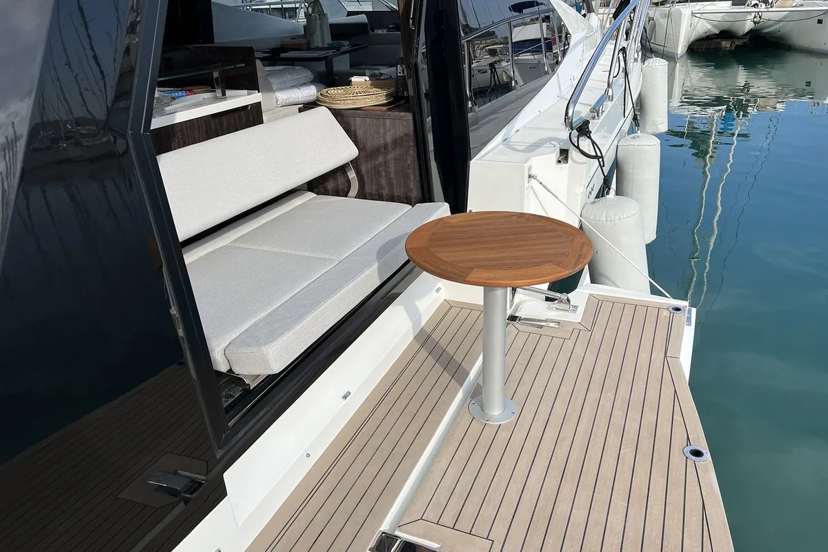 Deck of Champ Atlantis, a Galeon 500 Fly motor yacht at Grad Kaštela, Croatia