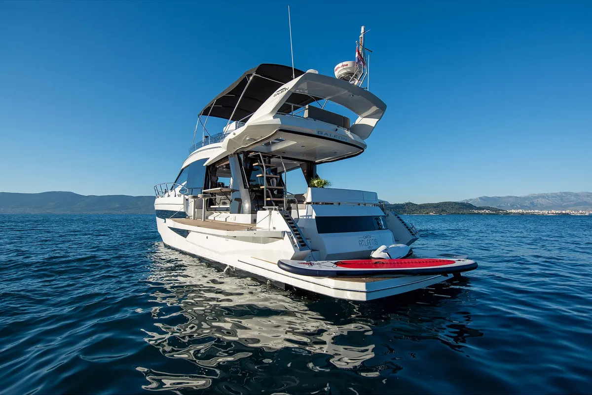 Exterior view of Champ Atlantis, a Galeon 500 Fly motor yacht at Grad Kaštela, Croatia