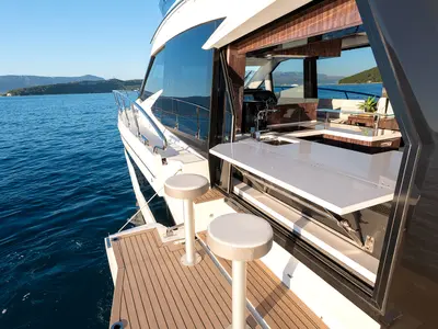 Deck of Champ Atlantis, a Galeon 500 Fly motor yacht at Grad Kaštela, Croatia