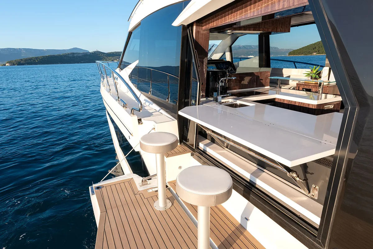 Deck of Champ Atlantis, a Galeon 500 Fly motor yacht at Grad Kaštela, Croatia