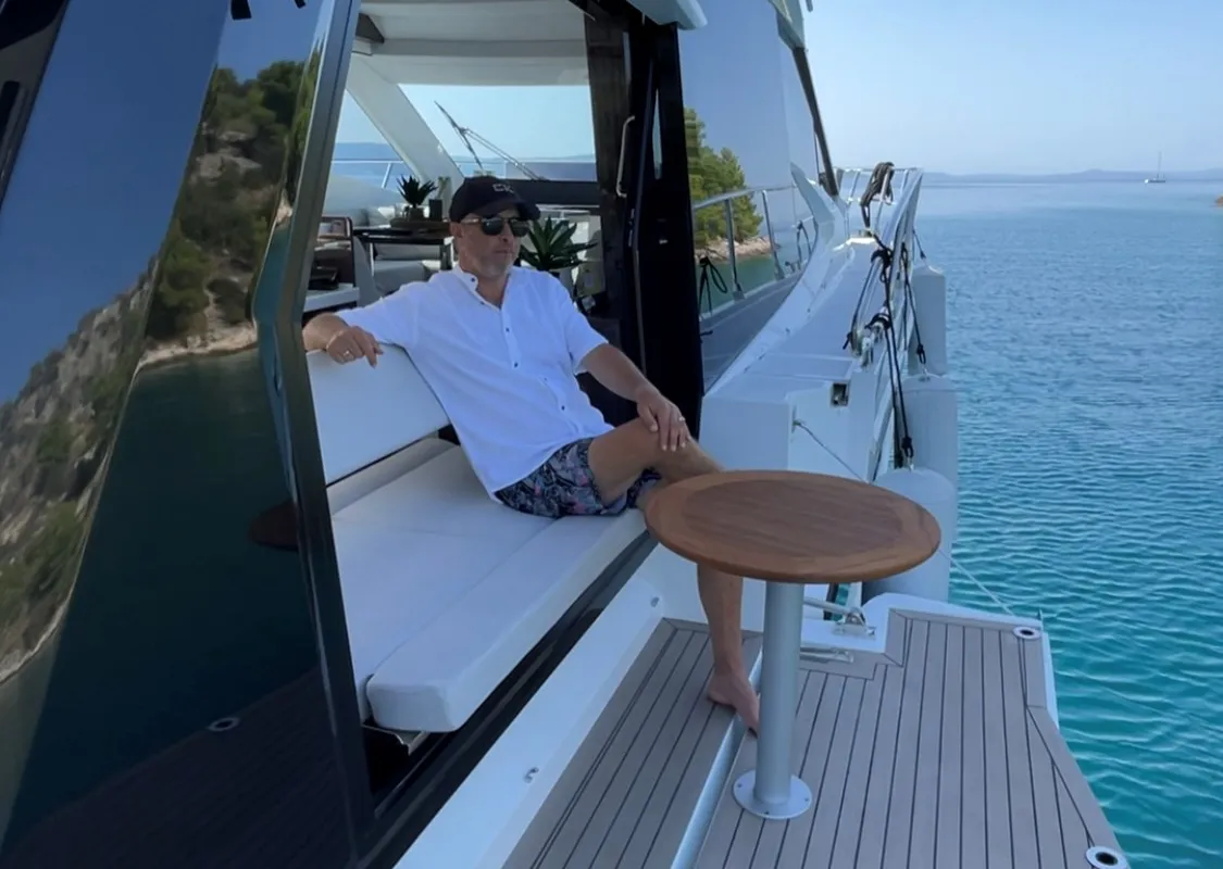 Deck of Champ Atlantis, a Galeon 500 Fly motor yacht at Grad Kaštela, Croatia