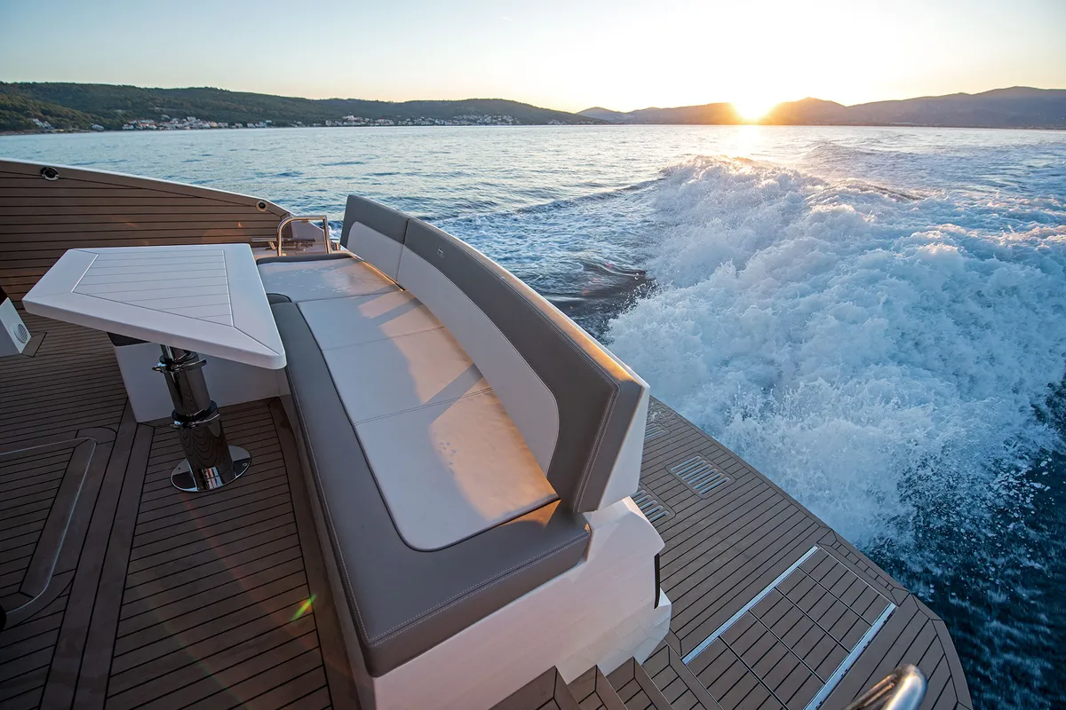 Deck of Champ Atlantis, a Galeon 500 Fly motor yacht at Grad Kaštela, Croatia