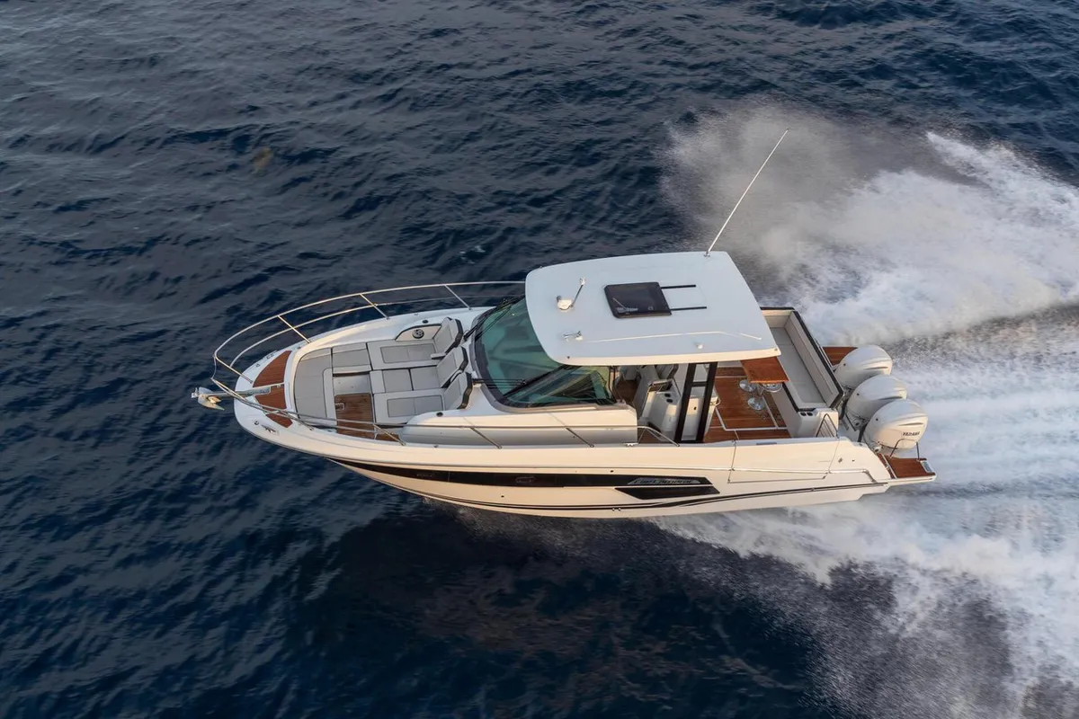 Exterior view of Ansimaste, a Jeanneau Cap Camarat 12.5 motorboat at Syracuse, Italy