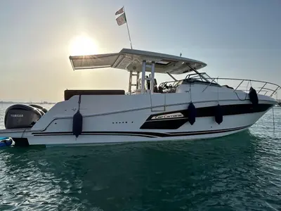 Exterior view of Ansimaste, a Jeanneau Cap Camarat 12.5 motorboat at Syracuse, Italy