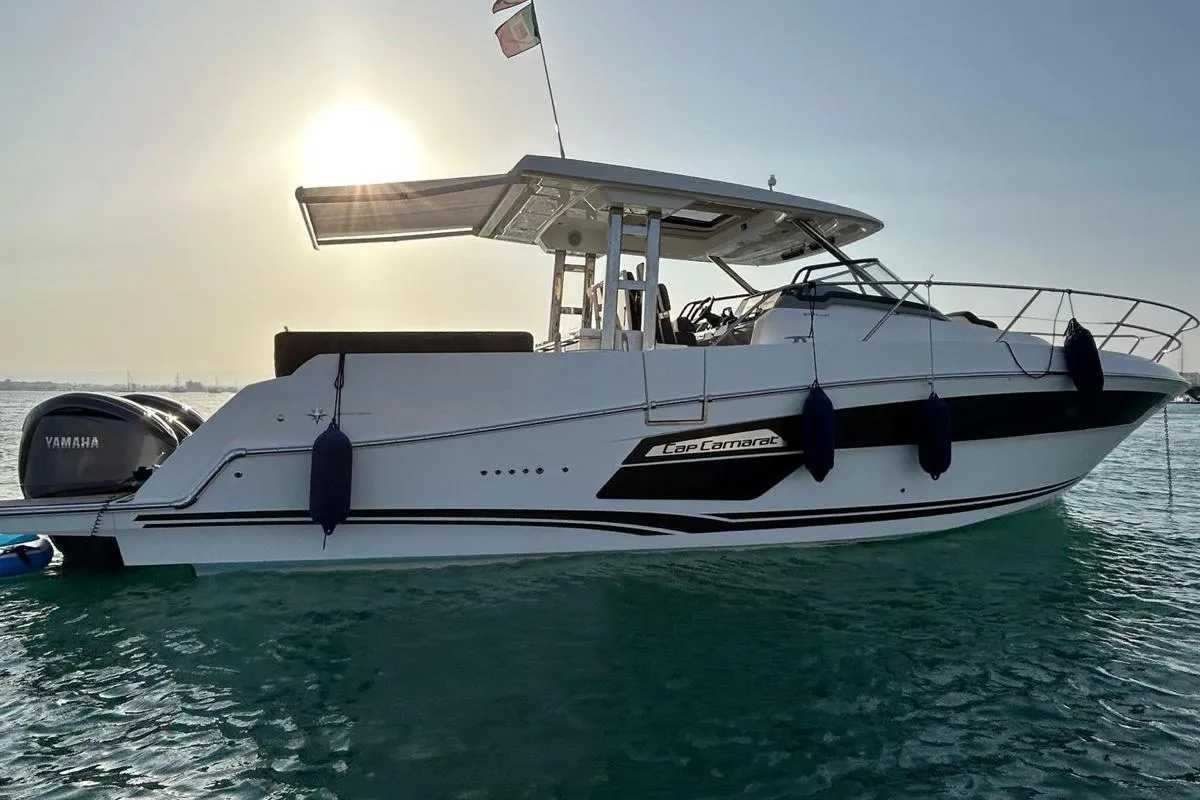 Exterior view of Ansimaste, a Jeanneau Cap Camarat 12.5 motorboat at Syracuse, Italy