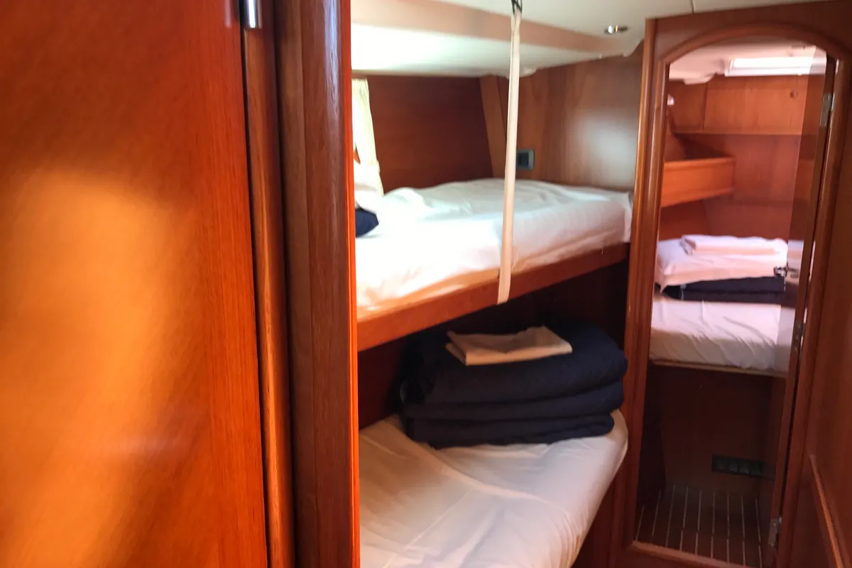 Cabin on Cassiopea II, a Jeanneau Sun Odyssey 54DS sailboat at Olbia, Italy