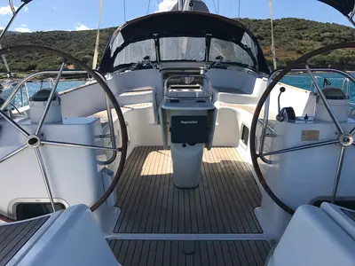 Cockpit of Cassiopea II, a Jeanneau Sun Odyssey 54DS sailboat at Olbia, Italy
