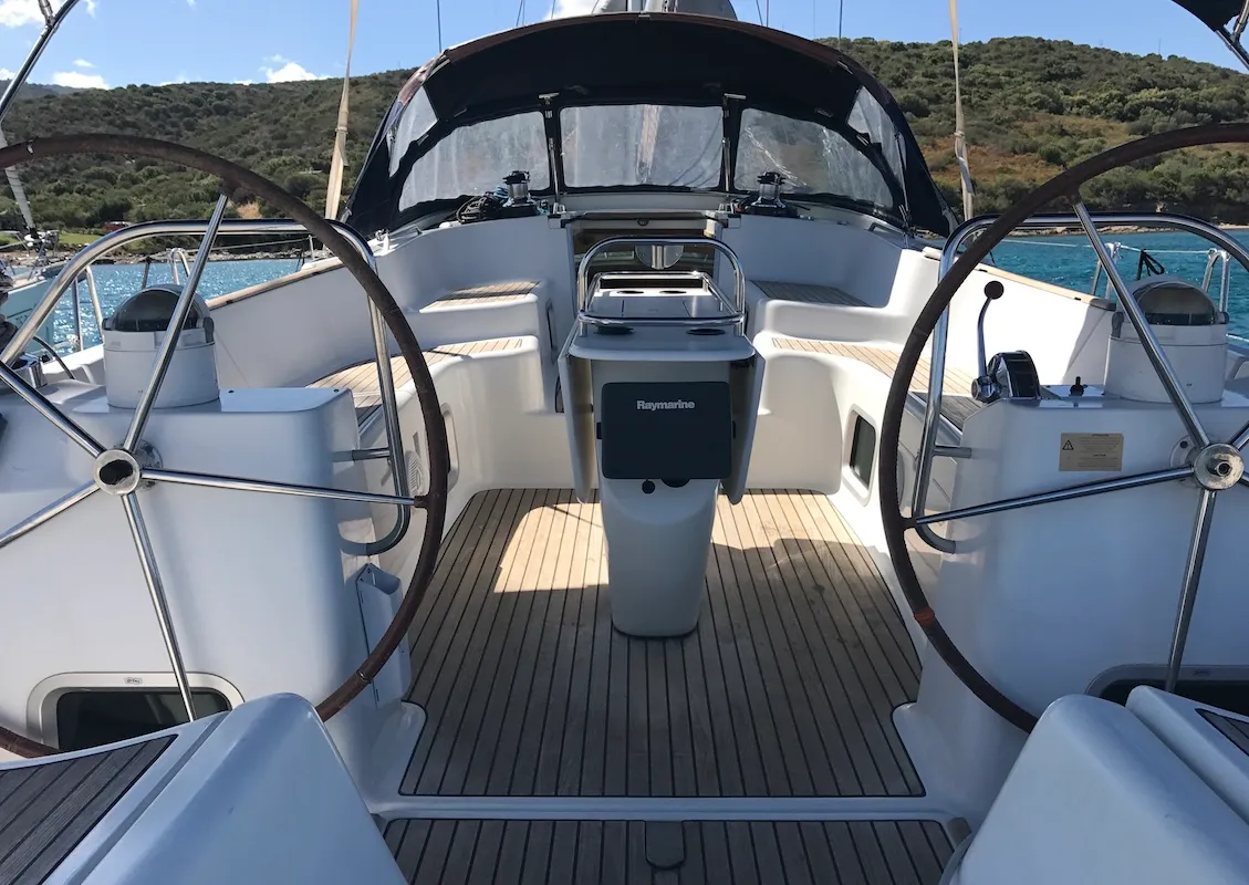Cockpit of Cassiopea II, a Jeanneau Sun Odyssey 54DS sailboat at Olbia, Italy