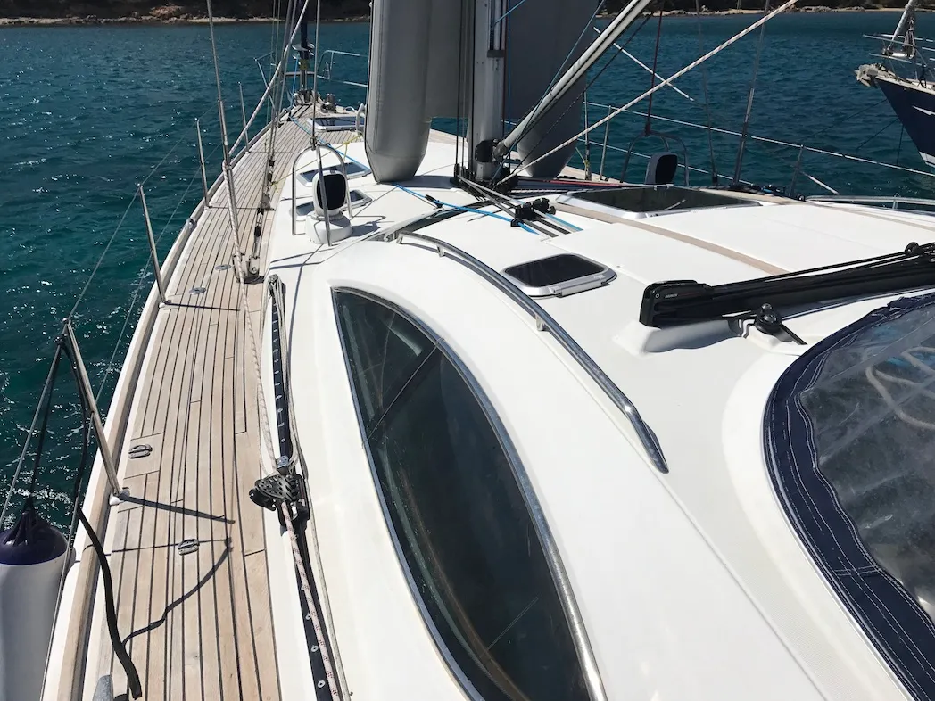 Deck of Cassiopea II, a Jeanneau Sun Odyssey 54DS sailboat at Olbia, Italy