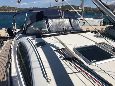 Deck of Cassiopea II, a Jeanneau Sun Odyssey 54DS sailboat at Olbia, Italy