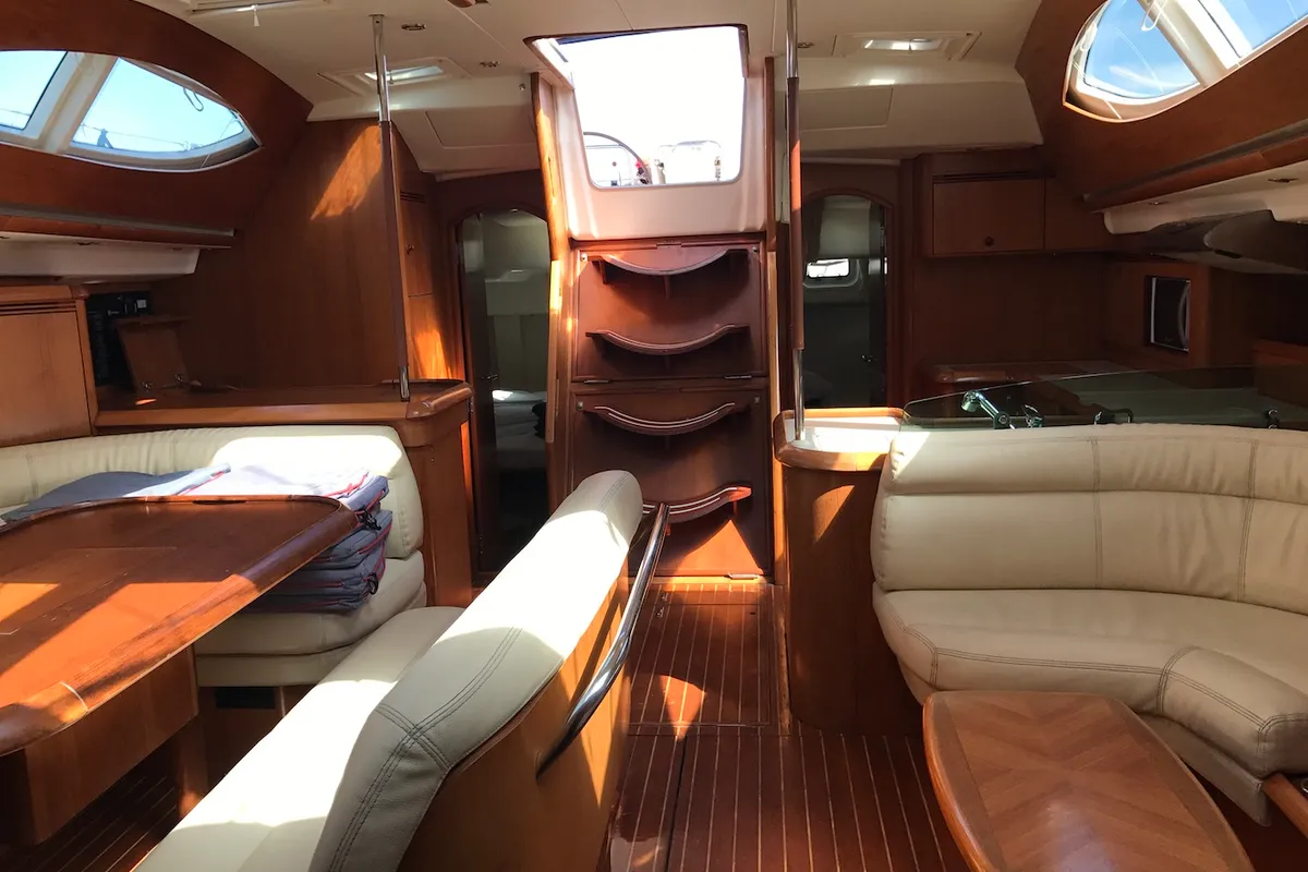 Salon of Cassiopea II, a Jeanneau Sun Odyssey 54DS sailboat at Olbia, Italy
