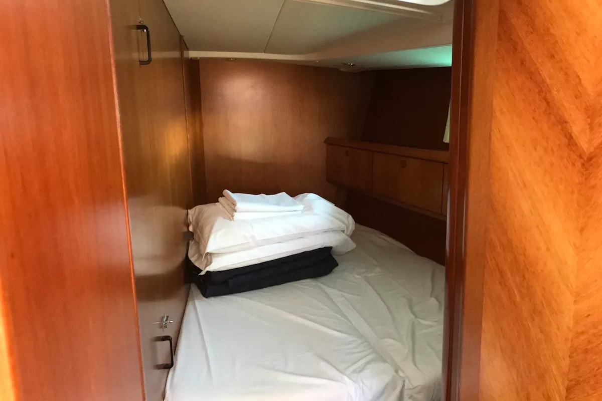 Cabin on Cassiopea II, a Jeanneau Sun Odyssey 54DS sailboat at Olbia, Italy