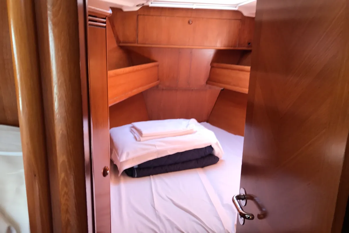 Cabin on Cassiopea II, a Jeanneau Sun Odyssey 54DS sailboat at Olbia, Italy