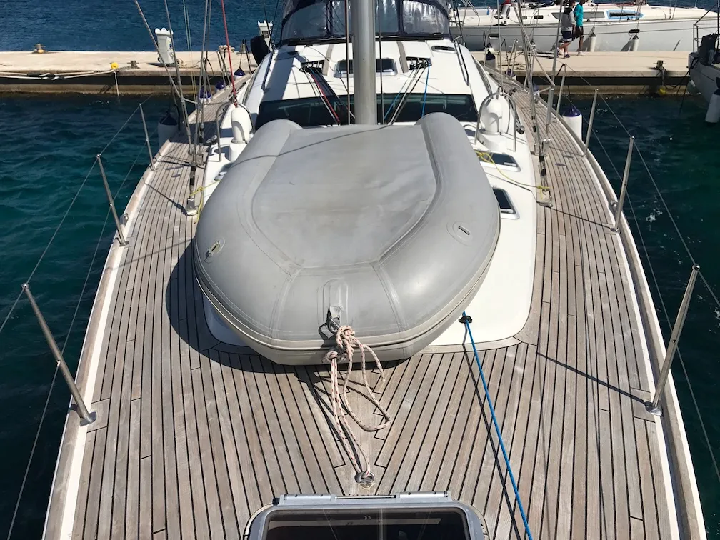 Deck of Cassiopea II, a Jeanneau Sun Odyssey 54DS sailboat at Olbia, Italy