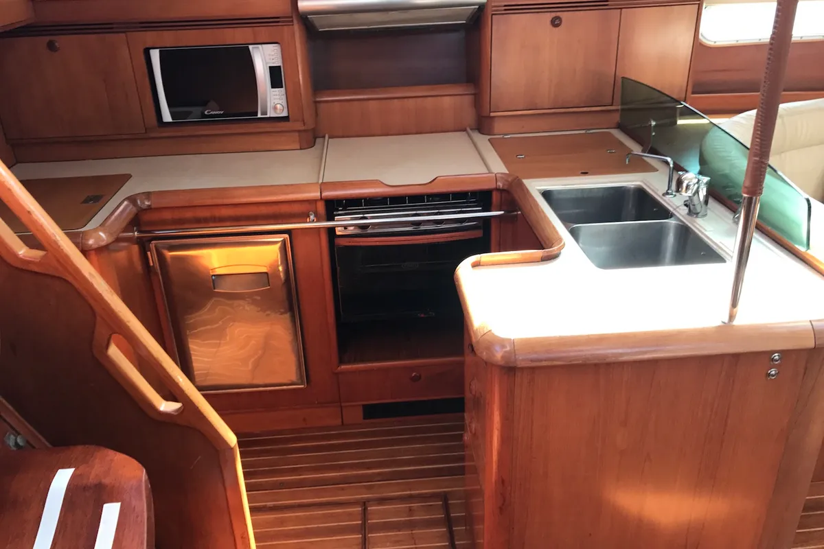 Galley of Cassiopea II, a Jeanneau Sun Odyssey 54DS sailboat at Olbia, Italy
