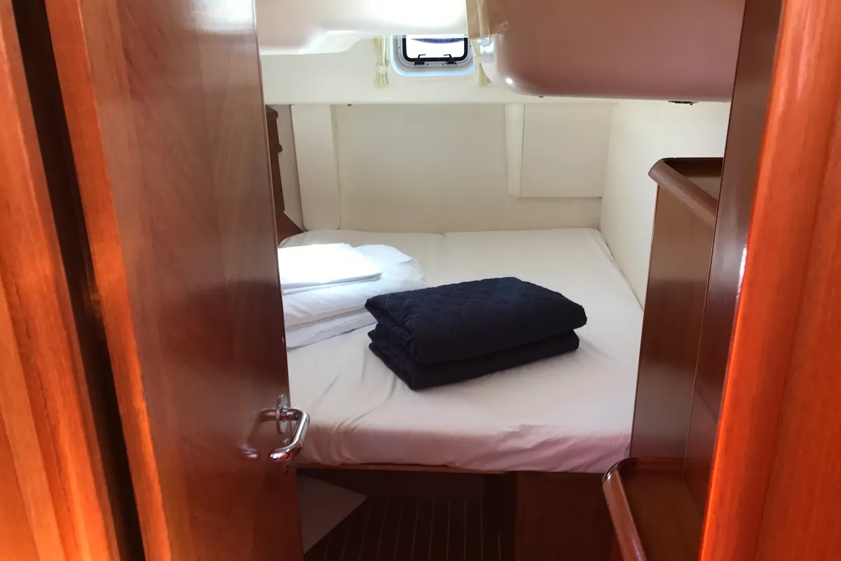 Cabin on Cassiopea II, a Jeanneau Sun Odyssey 54DS sailboat at Olbia, Italy