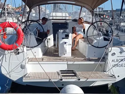 Cockpit of Verdejo, a Jeanneau Sun Odyssey 410 sailboat at es Jonquet, Spain