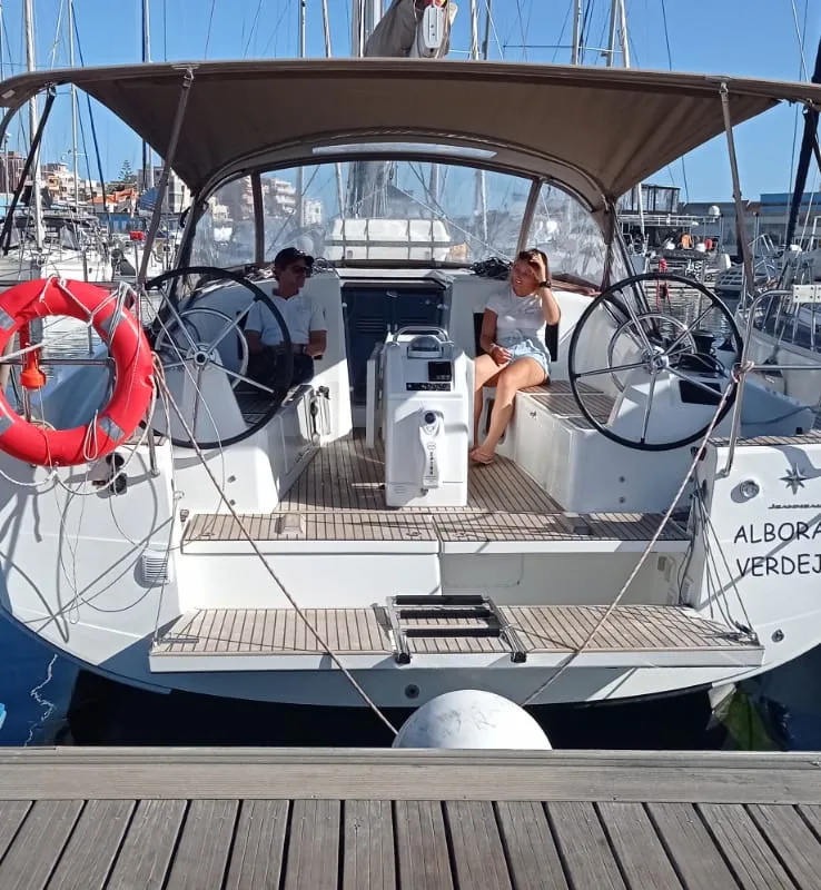 Cockpit of Verdejo, a Jeanneau Sun Odyssey 410 sailboat at es Jonquet, Spain