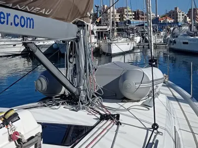 Deck of Verdejo, a Jeanneau Sun Odyssey 410 sailboat at es Jonquet, Spain
