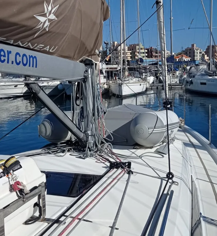 Deck of Verdejo, a Jeanneau Sun Odyssey 410 sailboat at es Jonquet, Spain