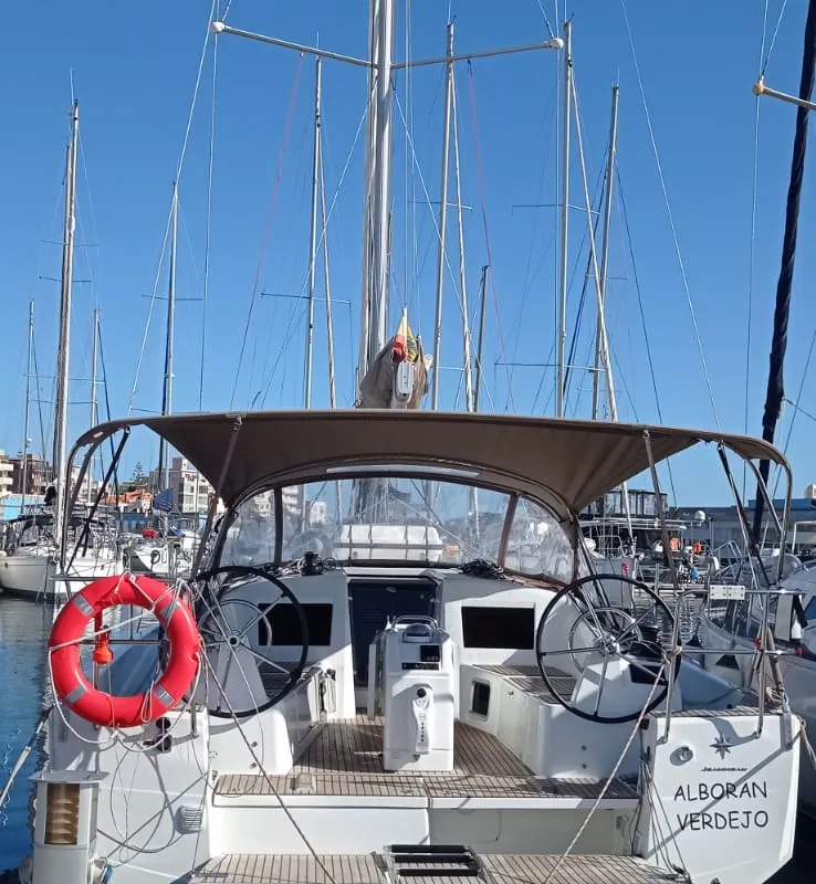 Cockpit of Verdejo, a Jeanneau Sun Odyssey 410 sailboat at es Jonquet, Spain