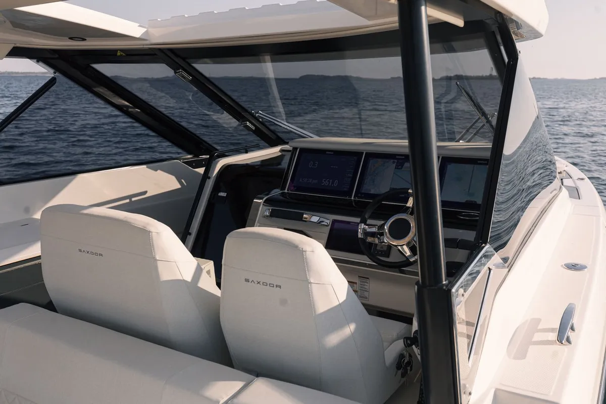 Cockpit of Tai 77, a Saxdor 400 GTO motorboat at Općina Sukošan, Croatia