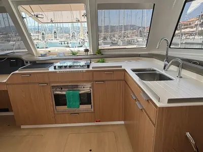 Galley of One Flirt, a Bali Catspace catamaran at Municipal Unit of Lefkada, Greece