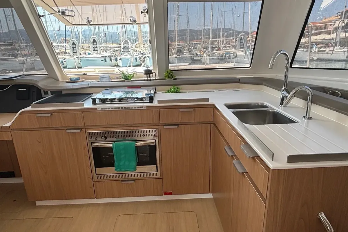 Galley of One Flirt, a Bali Catspace catamaran at Municipal Unit of Lefkada, Greece