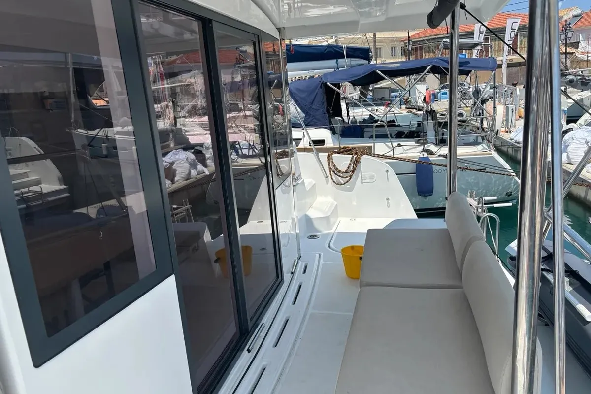 Deck of One Flirt, a Bali Catspace catamaran at Municipal Unit of Lefkada, Greece