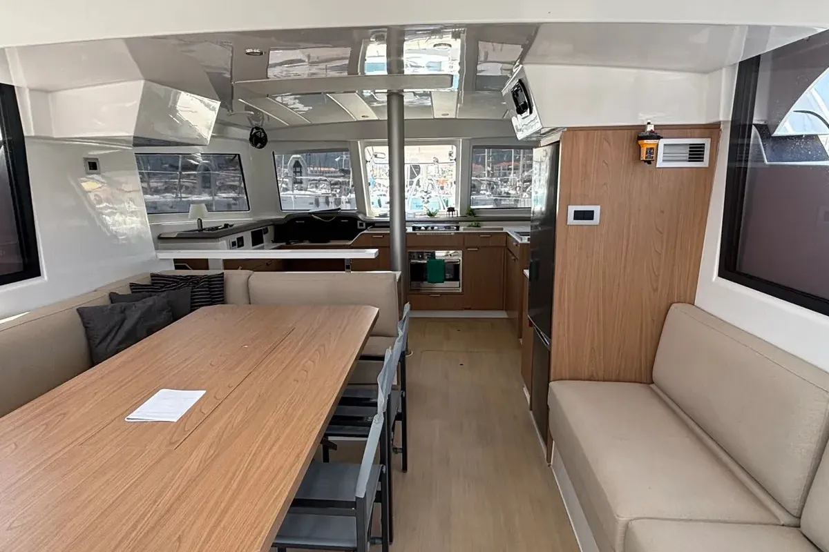Salon of One Flirt, a Bali Catspace catamaran at Municipal Unit of Lefkada, Greece