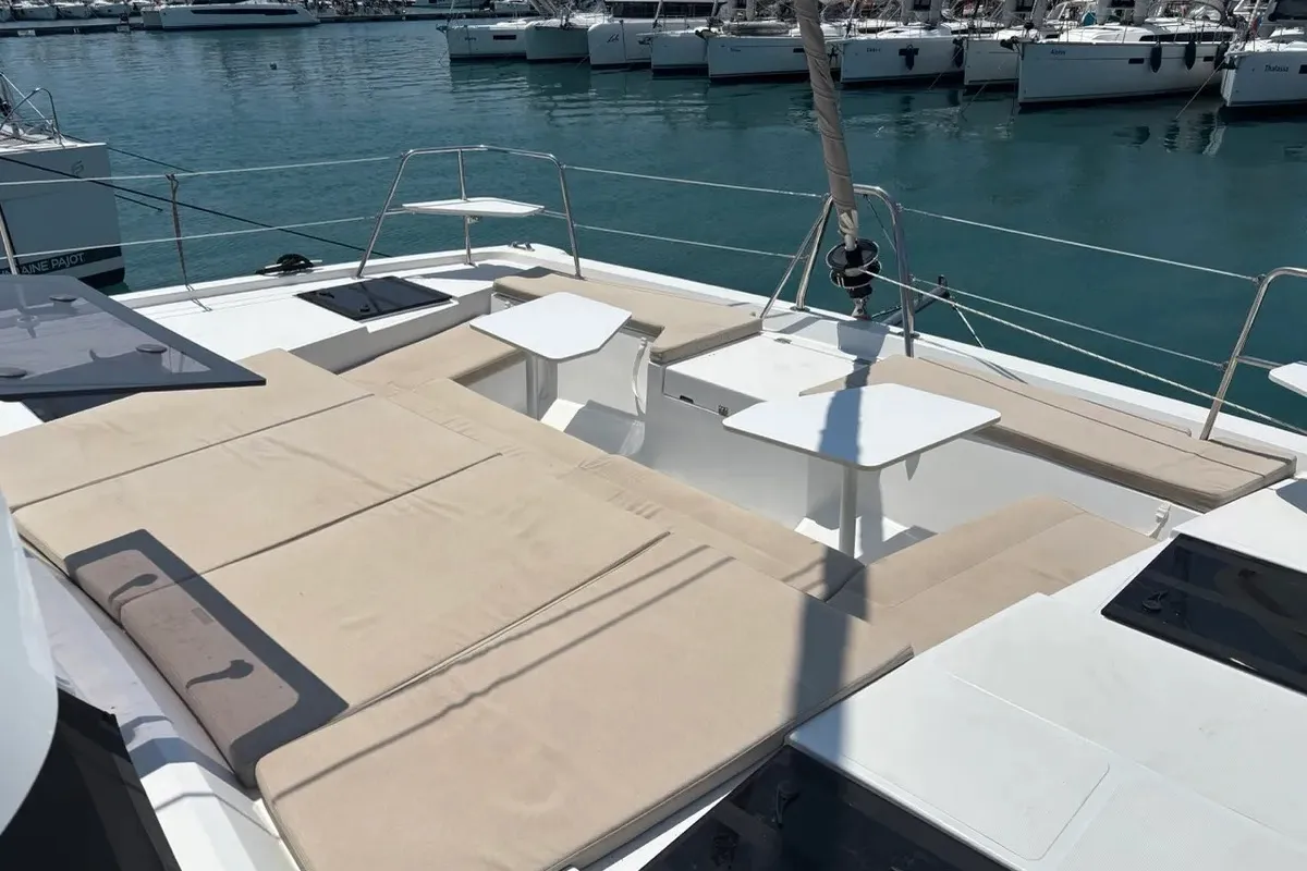 Deck of One Flirt, a Bali Catspace catamaran at Municipal Unit of Lefkada, Greece