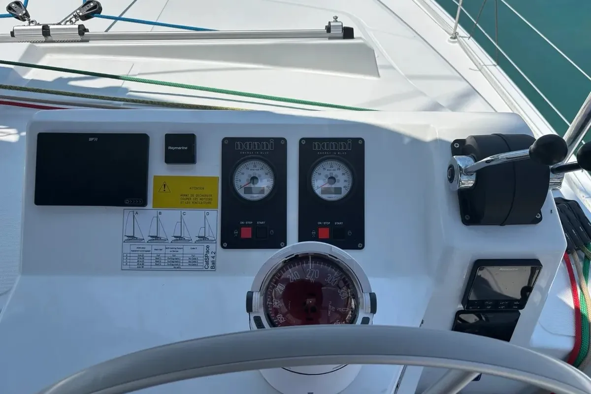Cockpit of One Flirt, a Bali Catspace catamaran at Municipal Unit of Lefkada, Greece