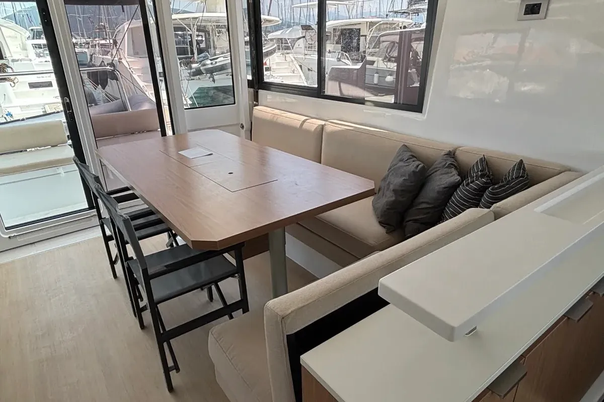 Salon of One Flirt, a Bali Catspace catamaran at Municipal Unit of Lefkada, Greece
