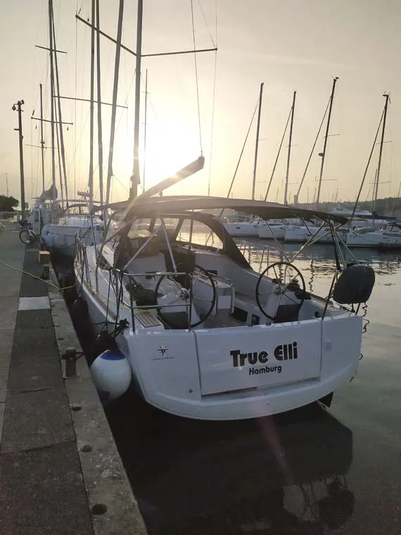 Exterior view of true elli, a Jeanneau Sun Odyssey 349 sailboat at Trogir, Croatia