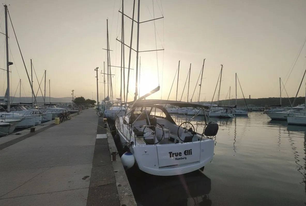 Exterior view of true elli, a Jeanneau Sun Odyssey 349 sailboat at Trogir, Croatia