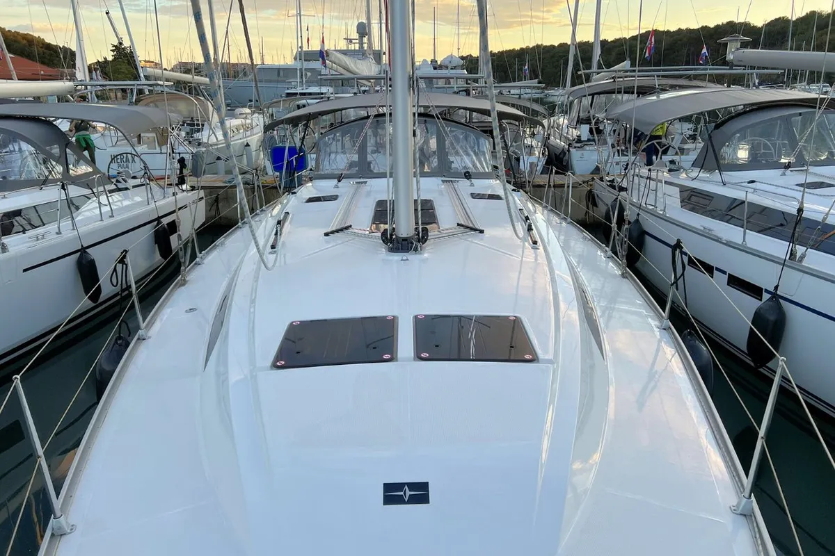 Deck of Panda IV, a Bavaria Cruiser 46 sailboat at Grad Pula, Croatia