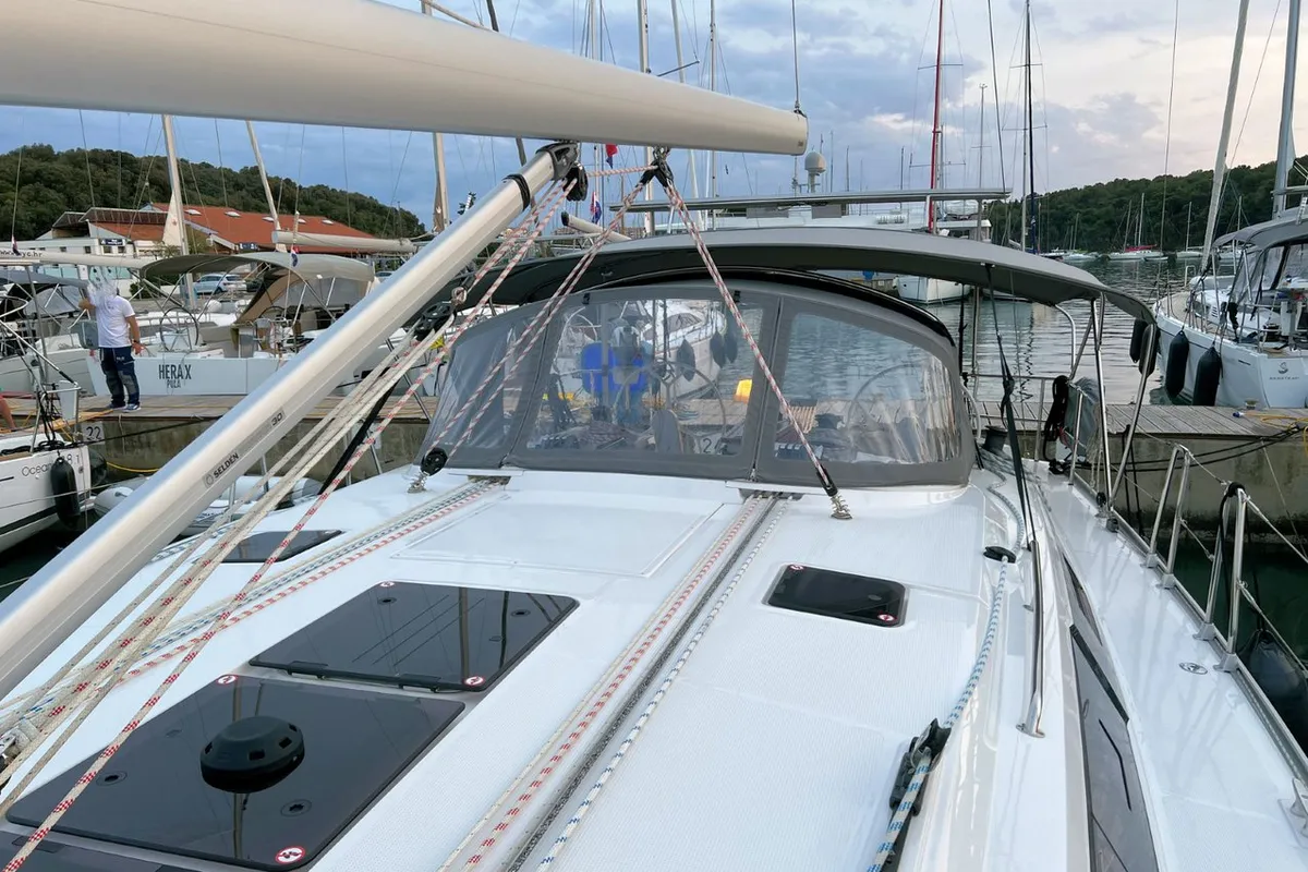 Deck of Panda IV, a Bavaria Cruiser 46 sailboat at Grad Pula, Croatia