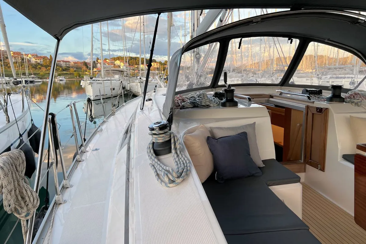 Cockpit of Panda IV, a Bavaria Cruiser 46 sailboat at Grad Pula, Croatia
