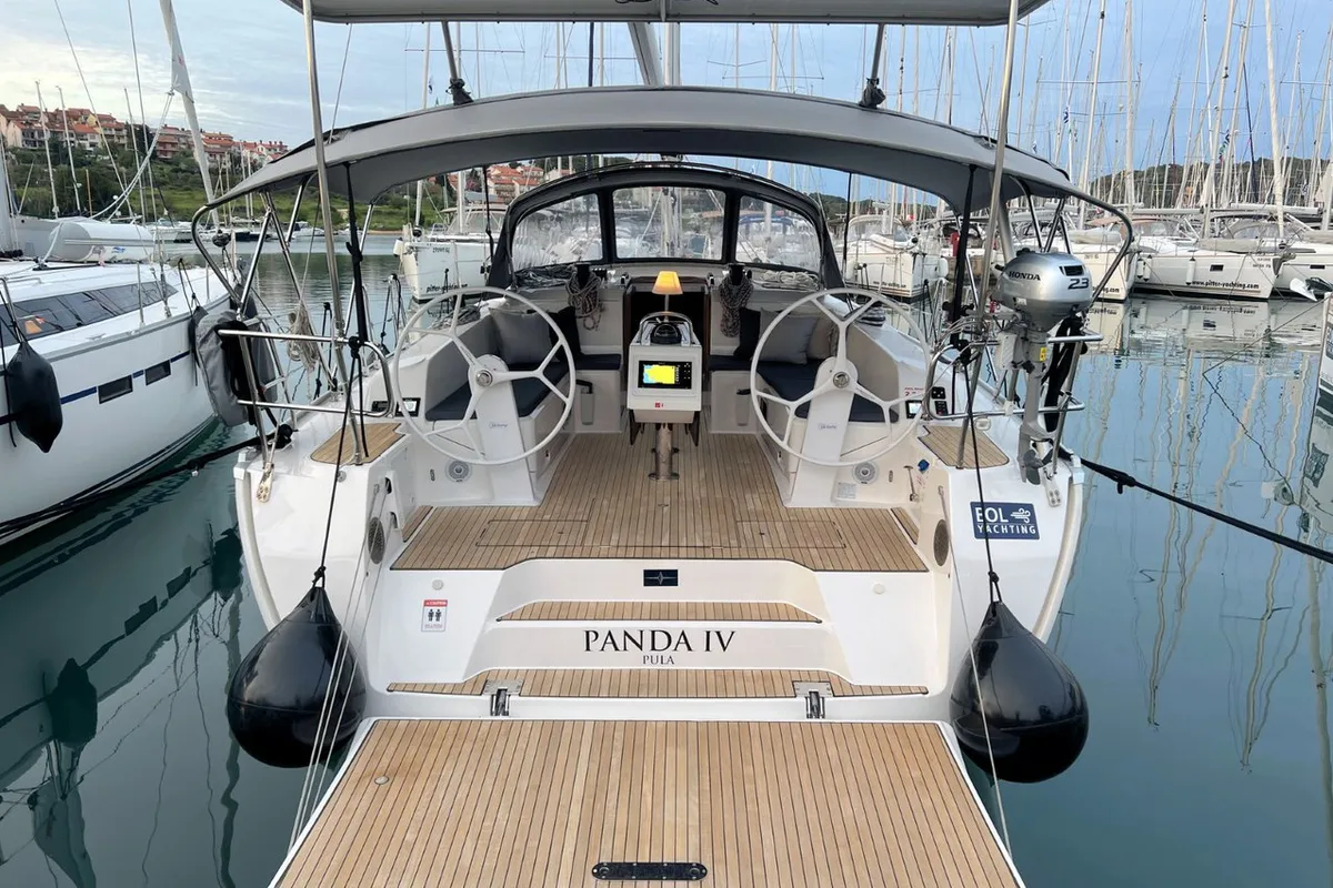 Exterior view of Panda IV, a Bavaria Cruiser 46 sailboat at Grad Pula, Croatia