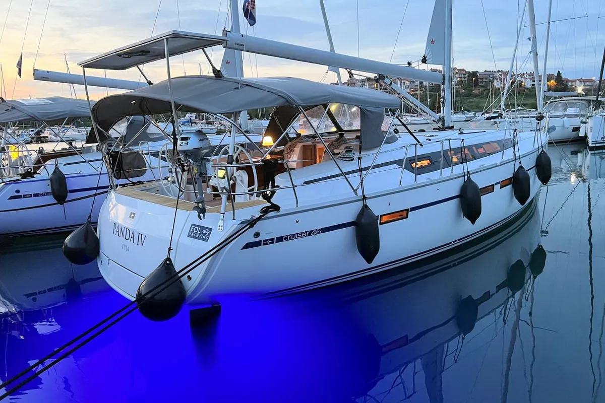 Exterior view of Panda IV, a Bavaria Cruiser 46 sailboat at Grad Pula, Croatia