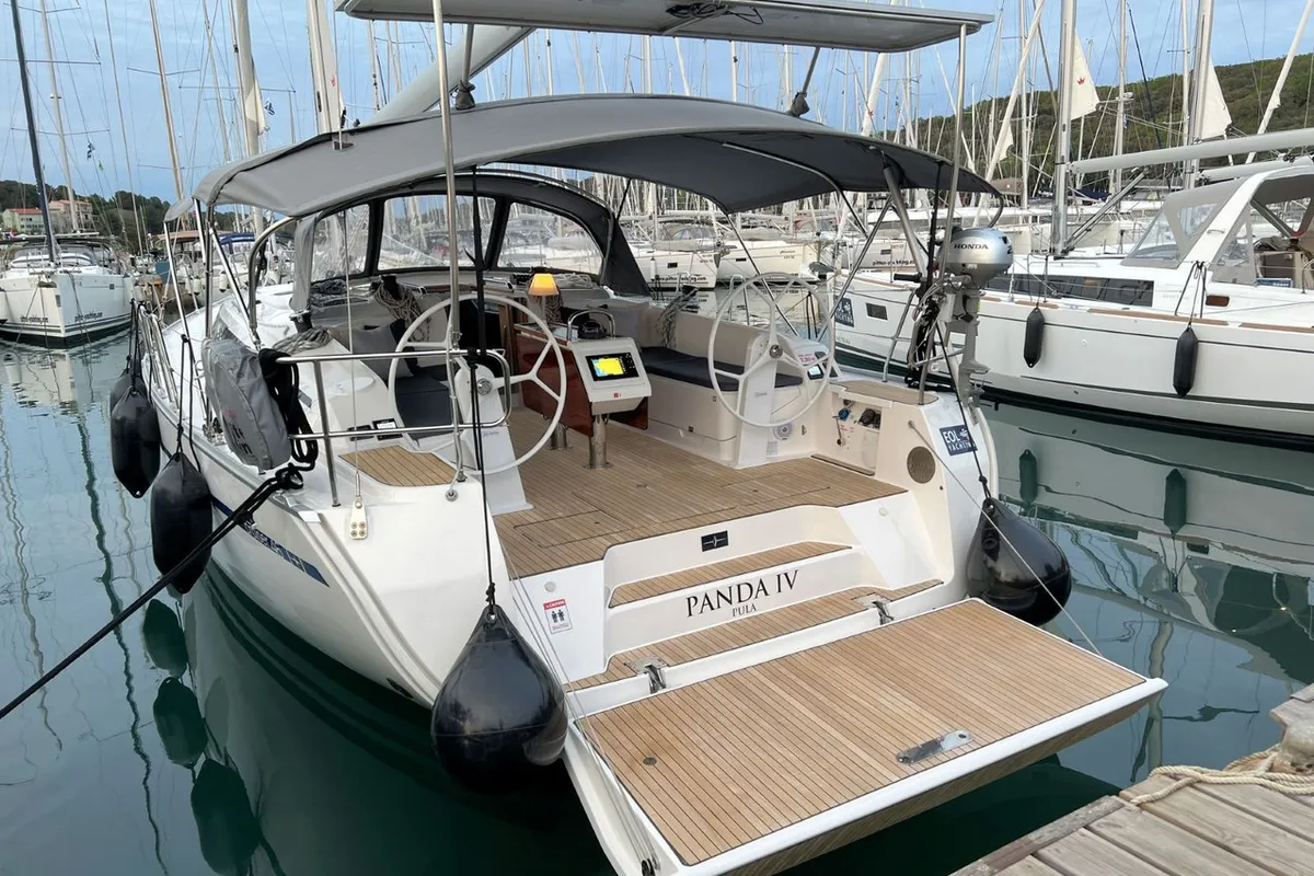 Exterior view of Panda IV, a Bavaria Cruiser 46 sailboat at Grad Pula, Croatia