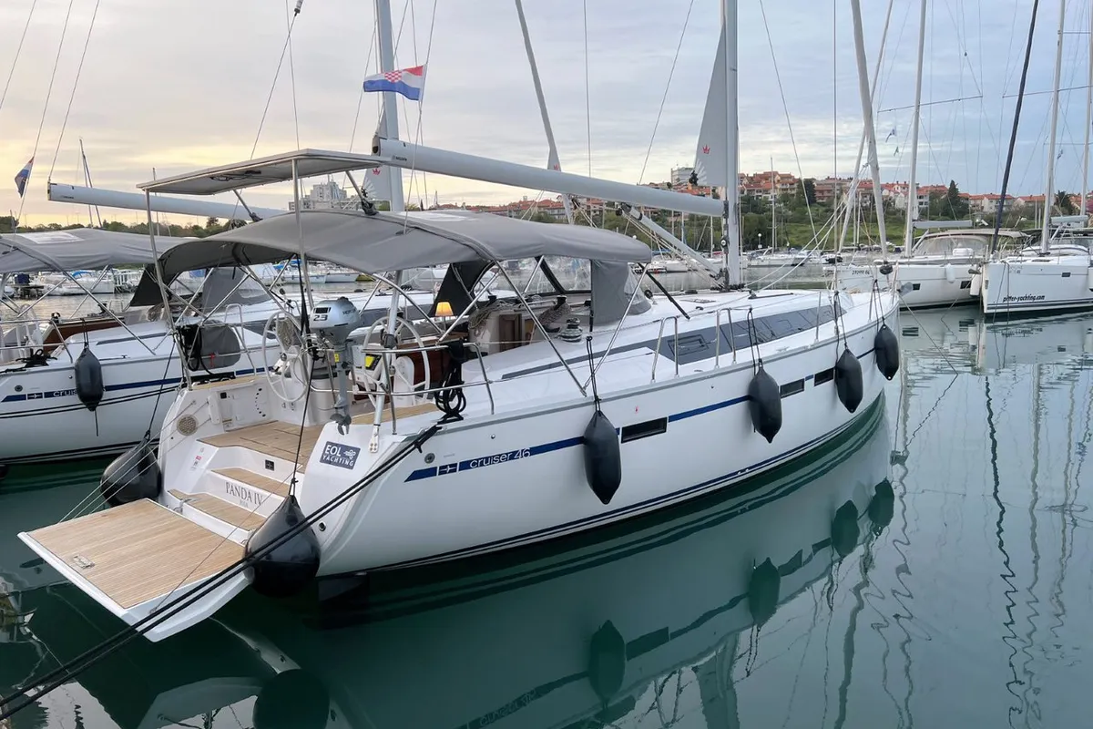 Exterior view of Panda IV, a Bavaria Cruiser 46 sailboat at Grad Pula, Croatia