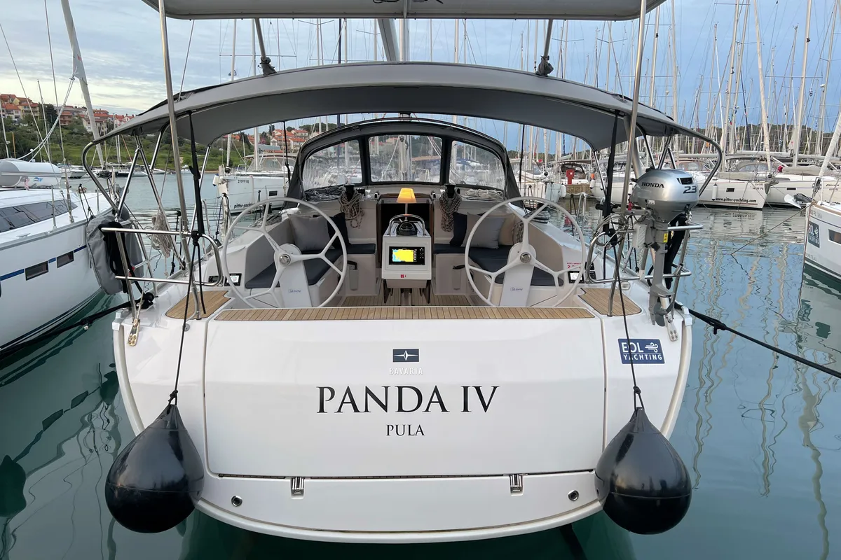 Exterior view of Panda IV, a Bavaria Cruiser 46 sailboat at Grad Pula, Croatia
