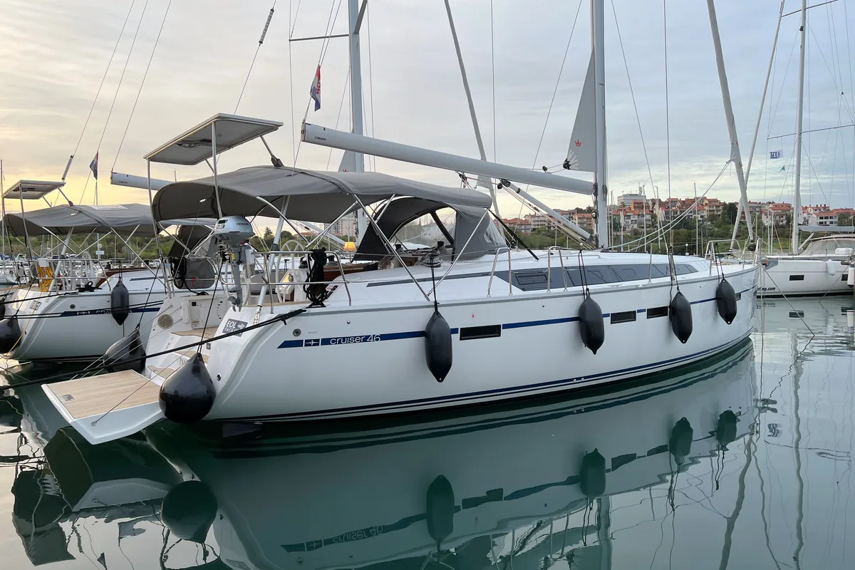 Exterior view of Panda IV, a Bavaria Cruiser 46 sailboat at Grad Pula, Croatia