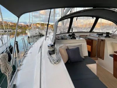 Deck of Panda IV, a Bavaria Cruiser 46 sailboat at Grad Pula, Croatia