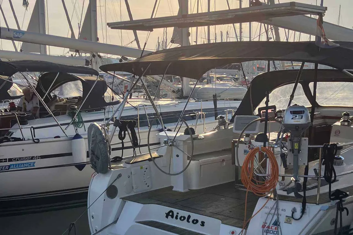 Exterior view of Aiolos, a Bavaria Cruiser 45 sailboat at Grad Biograd na Moru, Croatia