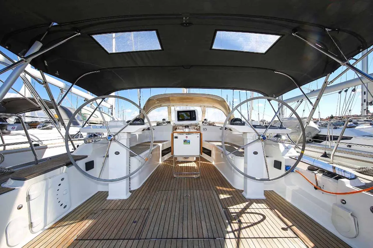 Cockpit of Aiolos, a Bavaria Cruiser 45 sailboat at Grad Biograd na Moru, Croatia